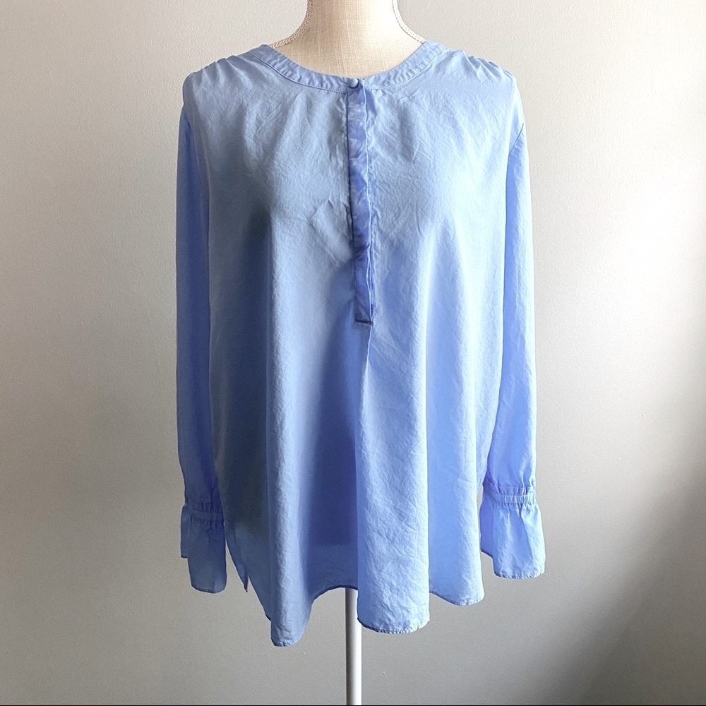 Ann Taylor Flounce Cuff Popover Blue Blouse